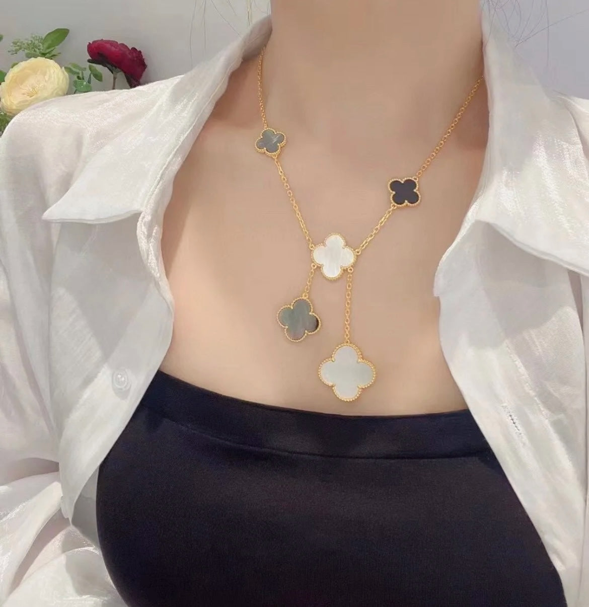 [Vintora]CLOVER 6 MOTIF MOP ONYX GOLD NECKLACE
