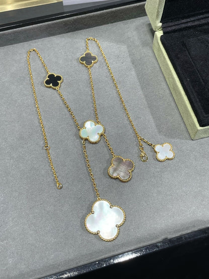 [Vintora]CLOVER 6 MOTIF MOP ONYX GOLD NECKLACE
