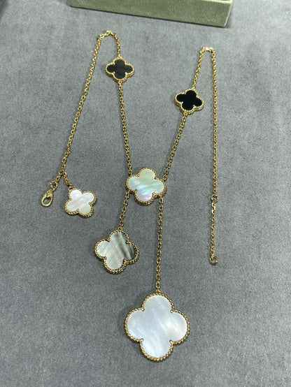 [Vintora]CLOVER 6 MOTIF MOP ONYX GOLD NECKLACE