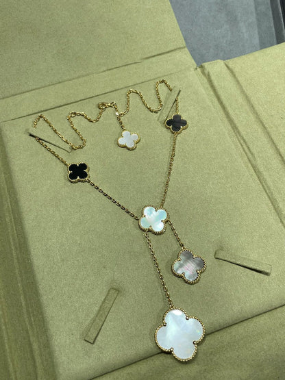 [Vintora]CLOVER 6 MOTIF MOP ONYX GOLD NECKLACE