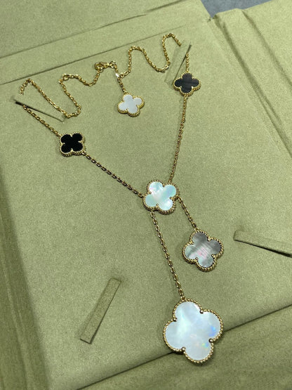 [Vintora]CLOVER 6 MOTIF MOP ONYX GOLD NECKLACE