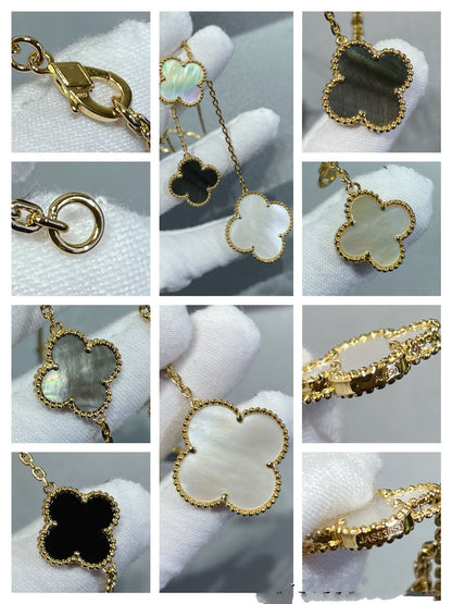 [Vintora]CLOVER 6 MOTIF MOP ONYX GOLD NECKLACE