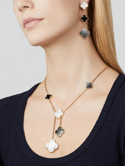 [Vintora]CLOVER 3 MOTIF MOP ONYX DARK MOP PINK GOLD EARRINGS