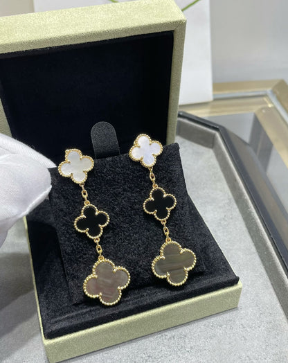 [Vintora]CLOVER 3 MOTIF MOP ONYX DARK MOP PINK GOLD EARRINGS