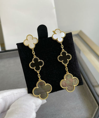 [Vintora]CLOVER 3 MOTIF MOP ONYX DARK MOP PINK GOLD EARRINGS