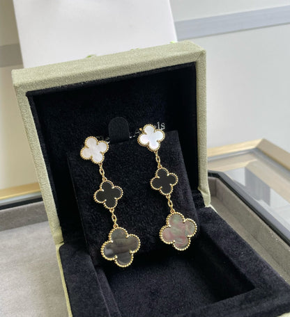 [Vintora]CLOVER 3 MOTIF MOP ONYX DARK MOP PINK GOLD EARRINGS