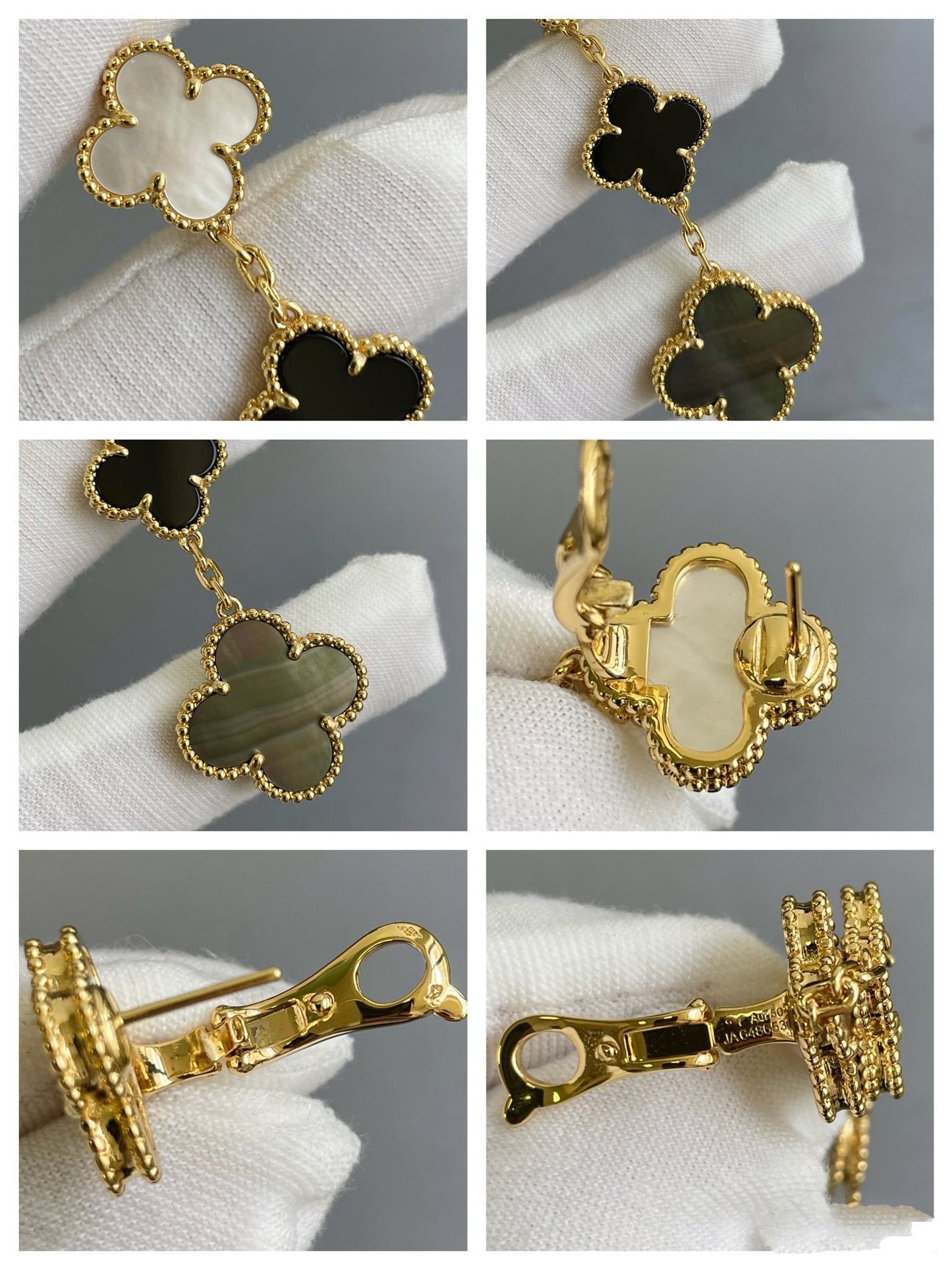 [Vintora]CLOVER 3 MOTIF MOP ONYX DARK MOP PINK GOLD EARRINGS