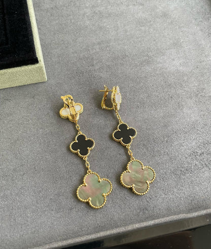 [Vintora]CLOVER 3 MOTIF MOP ONYX DARK MOP PINK GOLD EARRINGS