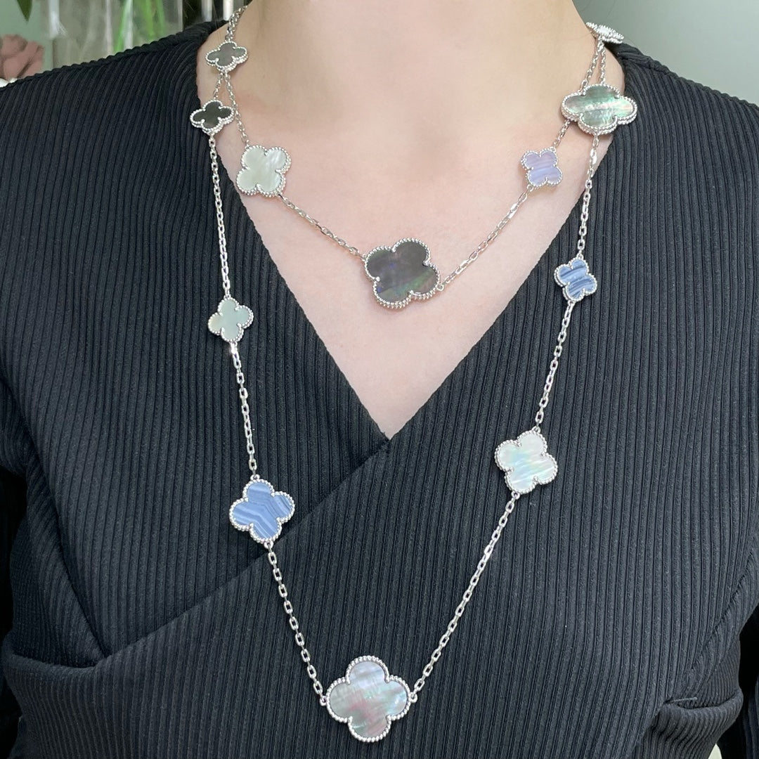 [Vintora]CLOVER 16 MOTIF CHALCEDONY MOP SILVER NECKLACE
