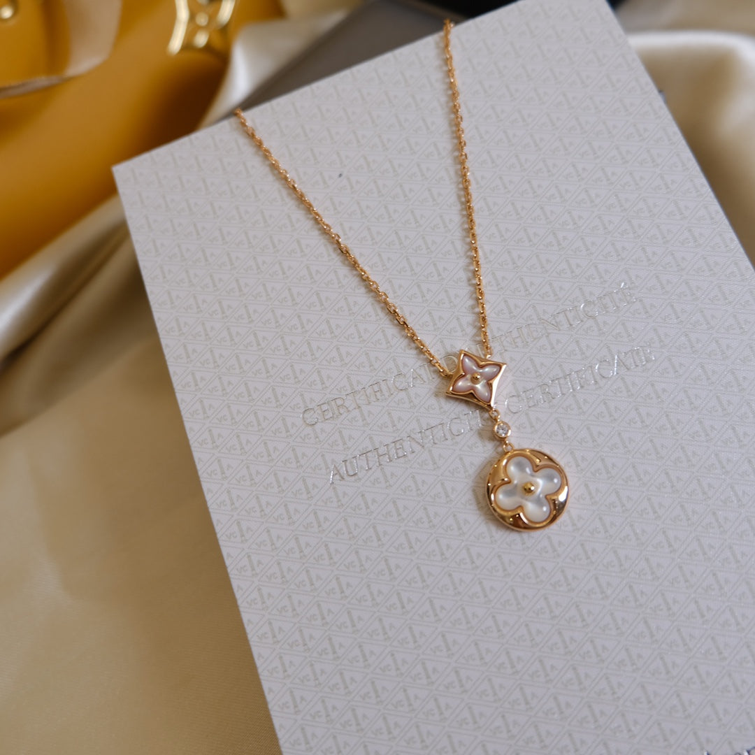 [Vintora]STAR AND SUN WHITE MOP 2 MOTIF PINK GOLD NECKLACE