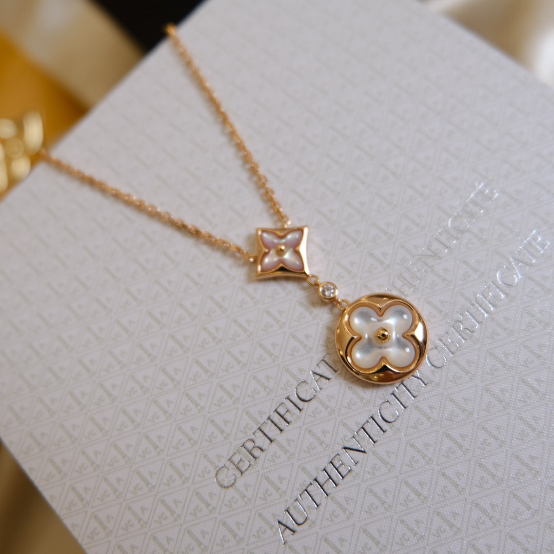 [Vintora]STAR AND SUN WHITE MOP 2 MOTIF PINK GOLD NECKLACE