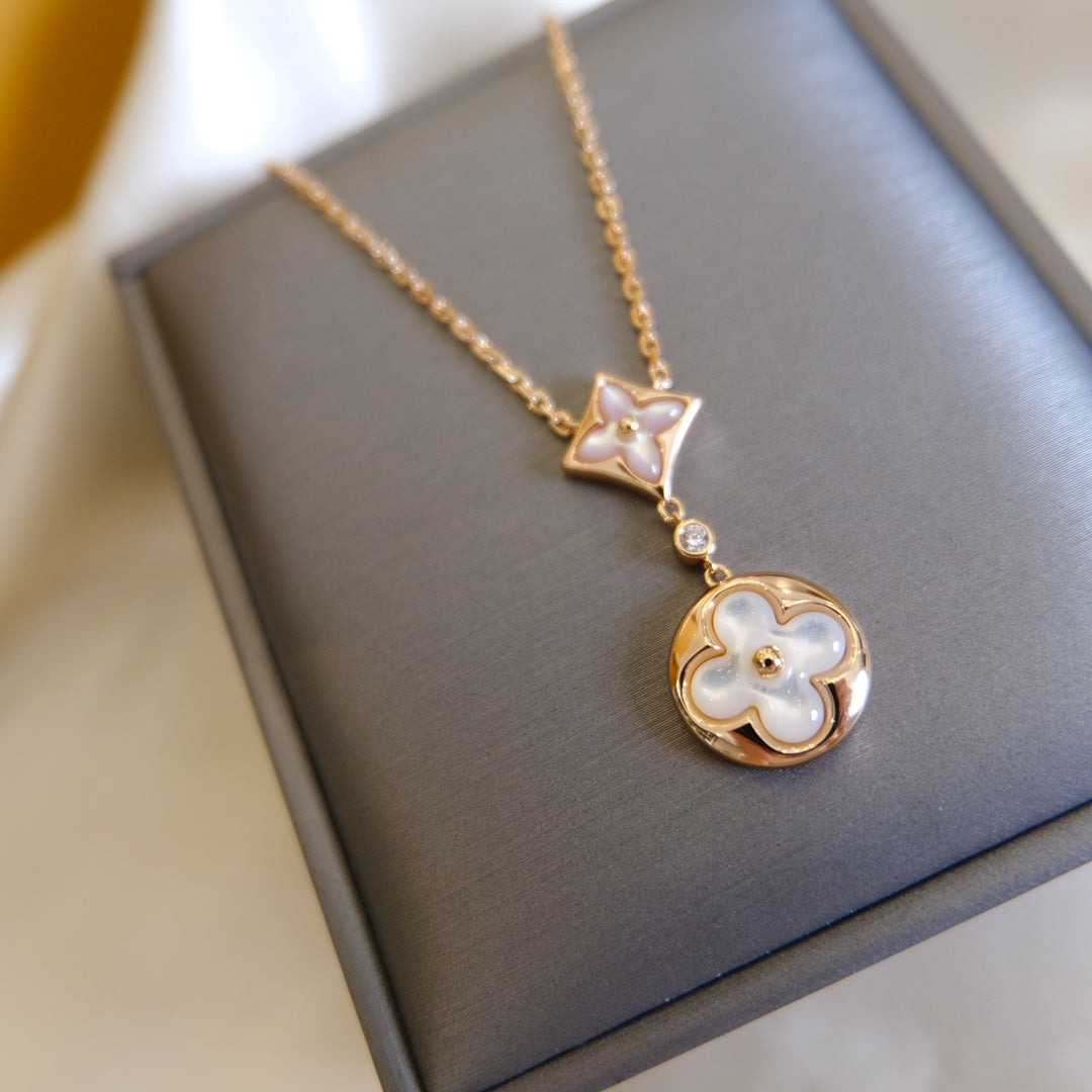 [Vintora]STAR AND SUN WHITE MOP 2 MOTIF PINK GOLD NECKLACE