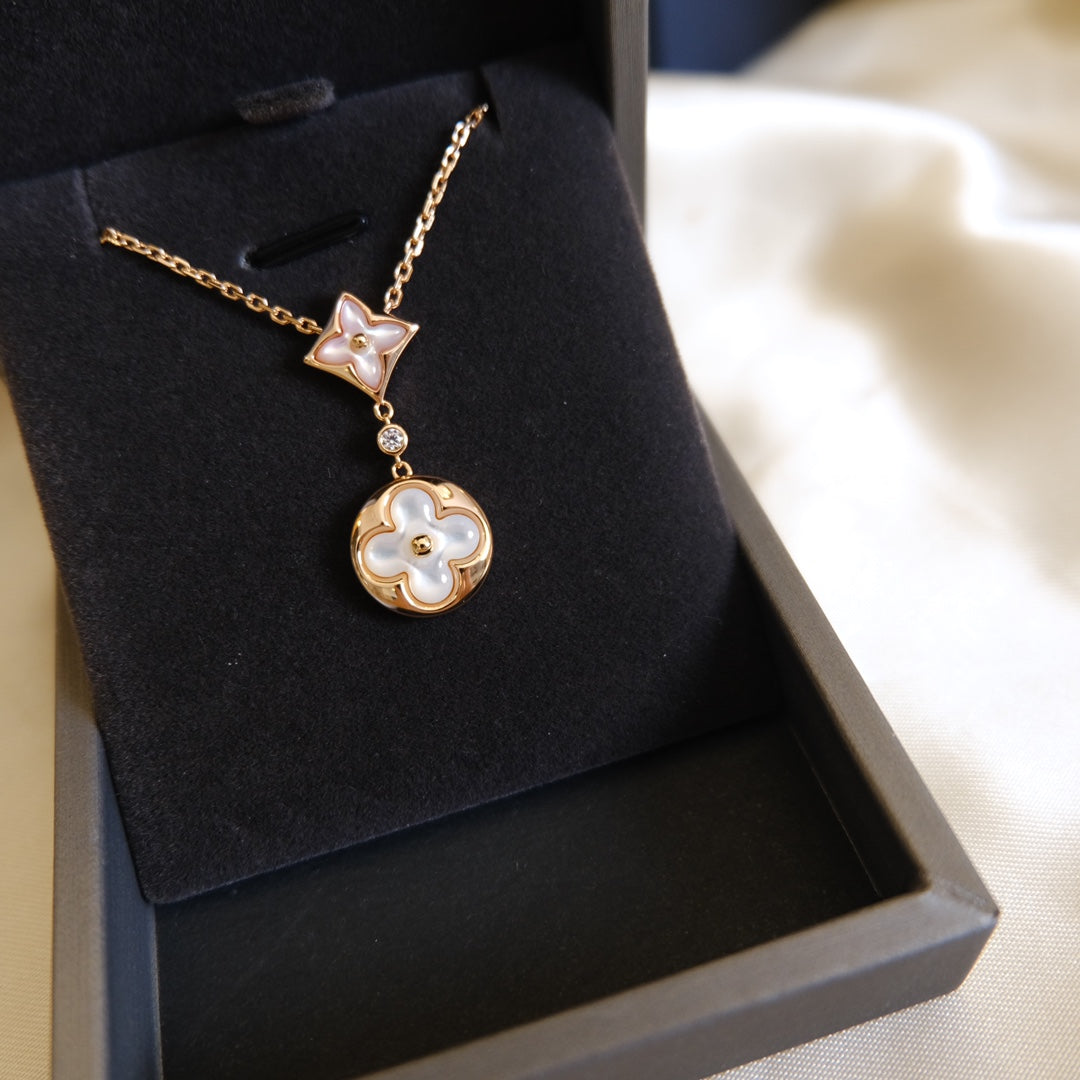 [Vintora]STAR AND SUN WHITE MOP 2 MOTIF PINK GOLD NECKLACE