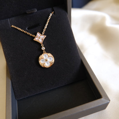 [Vintora]STAR AND SUN WHITE MOP 2 MOTIF PINK GOLD NECKLACE