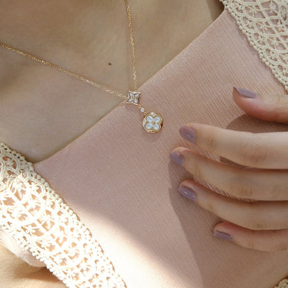 [Vintora]STAR AND SUN WHITE MOP 2 MOTIF PINK GOLD NECKLACE