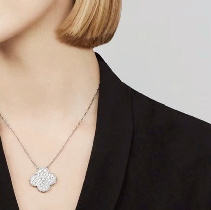 [Vintora]CLOVER 25MM LARGE PENDANT DIAMOND PAVED SILVER NECKLACE
