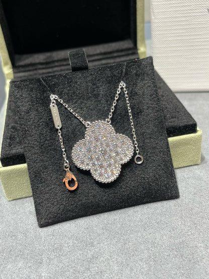 [Vintora]CLOVER 25MM LARGE PENDANT DIAMOND PAVED SILVER NECKLACE