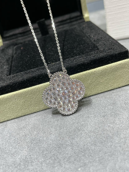 [Vintora]CLOVER 25MM LARGE PENDANT DIAMOND PAVED SILVER NECKLACE