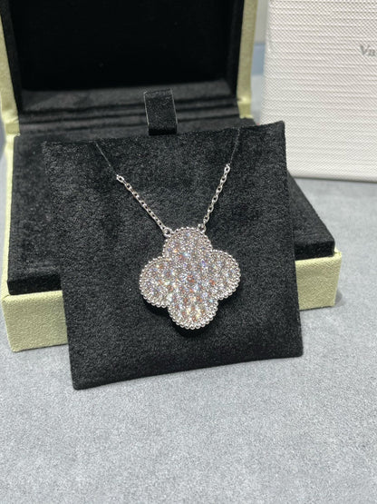 [Vintora]CLOVER 25MM LARGE PENDANT DIAMOND PAVED SILVER NECKLACE