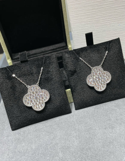 [Vintora]CLOVER 25MM LARGE PENDANT DIAMOND PAVED SILVER NECKLACE
