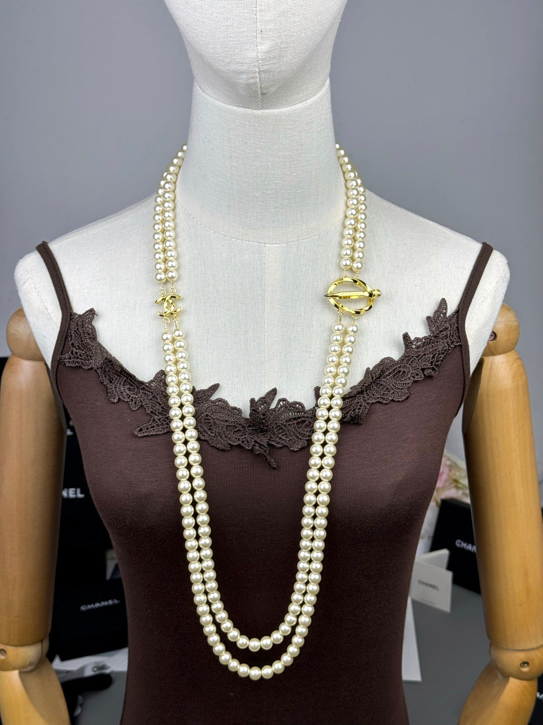 [Vintora]25K Pencil Double C Double-Layer Pearl Sweater Chain
