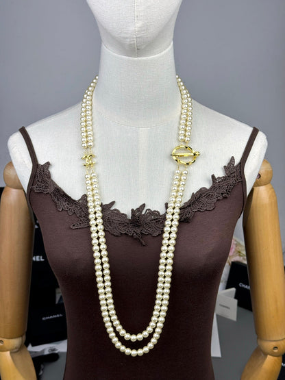 [Vintora]25K Pencil Double C Double-Layer Pearl Sweater Chain