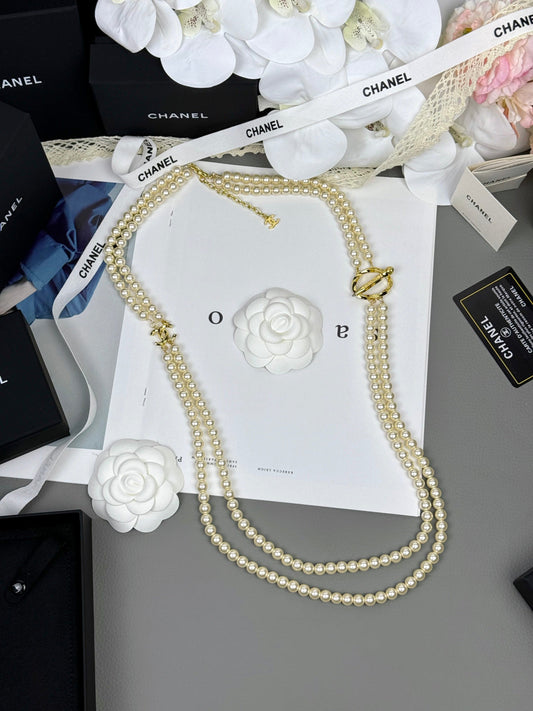 [Vintora]25K Pencil Double C Double-Layer Pearl Sweater Chain
