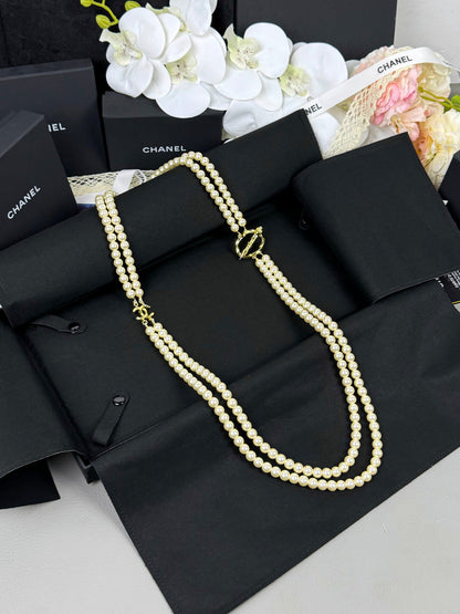 [Vintora]25K Pencil Double C Double-Layer Pearl Sweater Chain