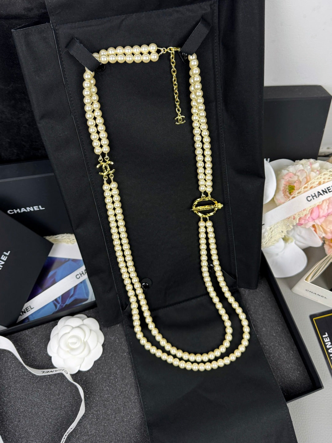 [Vintora]25K Pencil Double C Double-Layer Pearl Sweater Chain
