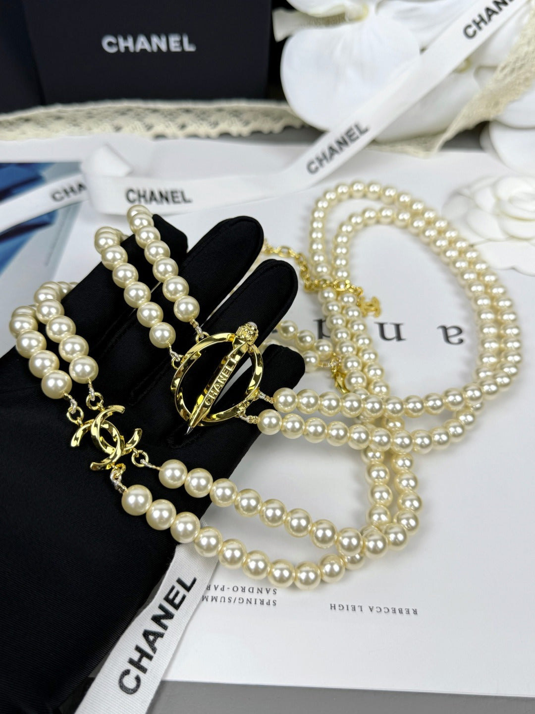 [Vintora]25K Pencil Double C Double-Layer Pearl Sweater Chain