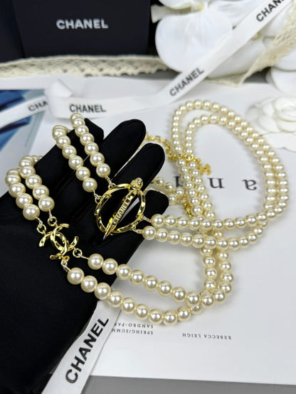 [Vintora]25K Pencil Double C Double-Layer Pearl Sweater Chain