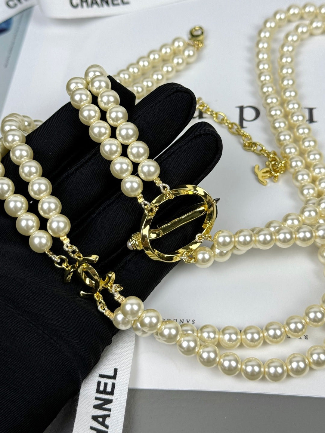 [Vintora]25K Pencil Double C Double-Layer Pearl Sweater Chain