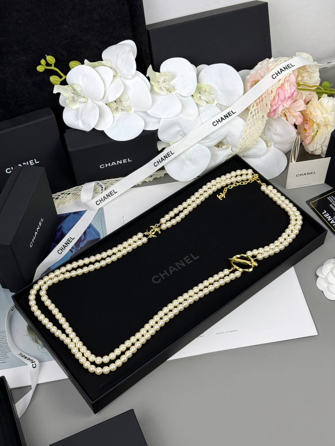 [Vintora]25K Pencil Double C Double-Layer Pearl Sweater Chain