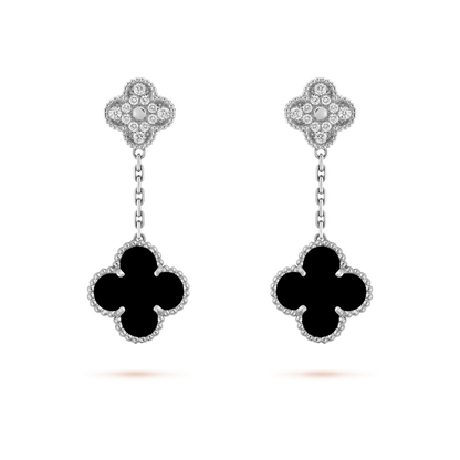 [Vintora]CLOVER 2 MOTIFS  DIAMOND ONYX EARRINGS SILVER