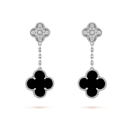 [Vintora]CLOVER 2 MOTIFS  DIAMOND ONYX EARRINGS SILVER