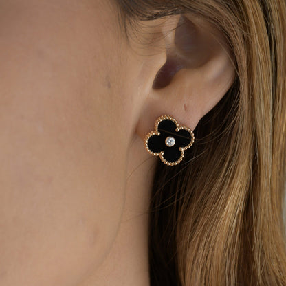 [Vintora]CLOVER MEDIUM 1 MOTIFS ONYX DIAMOND EARRINGS