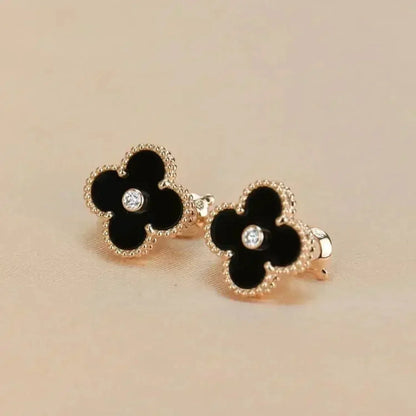 [Vintora]CLOVER MEDIUM 1 MOTIFS ONYX DIAMOND EARRINGS