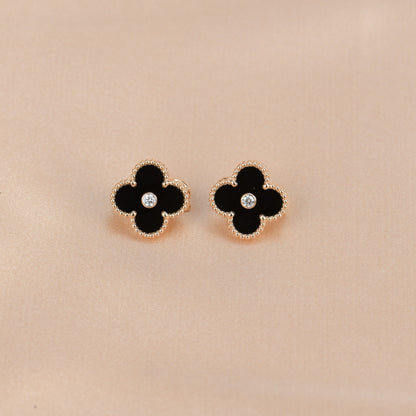 [Vintora]CLOVER MEDIUM 1 MOTIFS ONYX DIAMOND EARRINGS