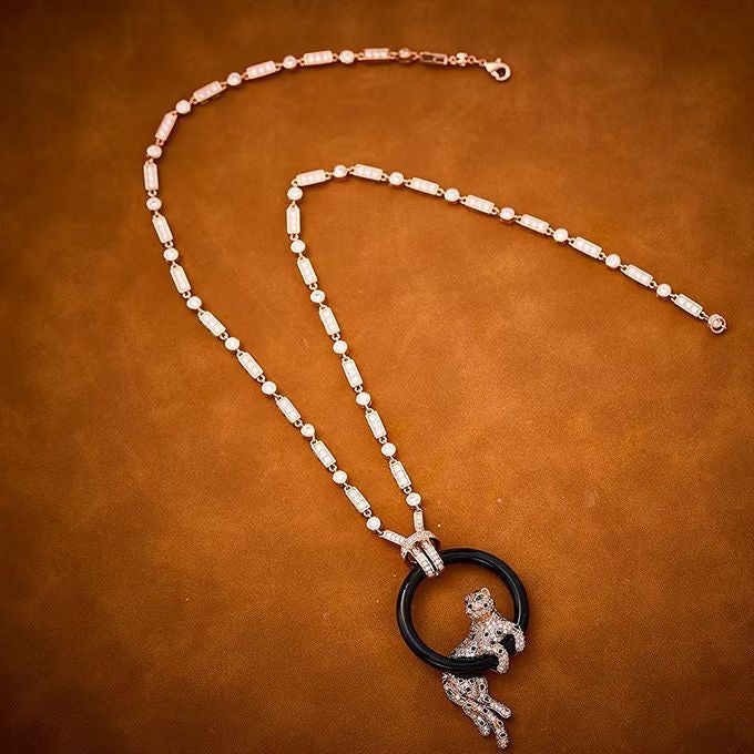 [Vintora jewelrys]NEW BLACK CIRCLE PANTHER FULL DIAMOND NECKLACE