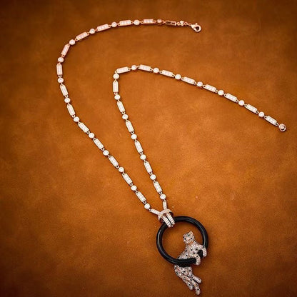 [Vintora jewelrys]NEW BLACK CIRCLE PANTHER FULL DIAMOND NECKLACE