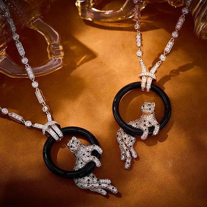 [Vintora jewelrys]NEW BLACK CIRCLE PANTHER FULL DIAMOND NECKLACE