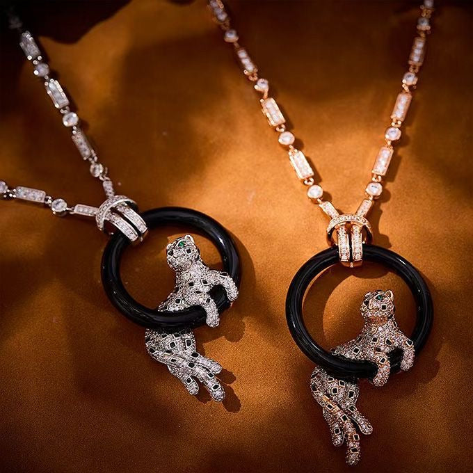 [Vintora jewelrys]NEW BLACK CIRCLE PANTHER FULL DIAMOND NECKLACE