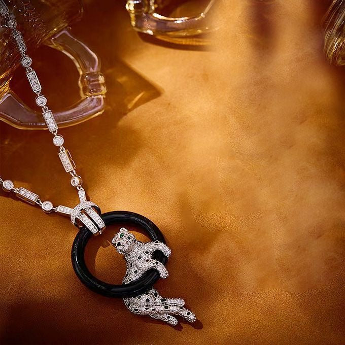 [Vintora jewelrys]NEW BLACK CIRCLE PANTHER FULL DIAMOND NECKLACE