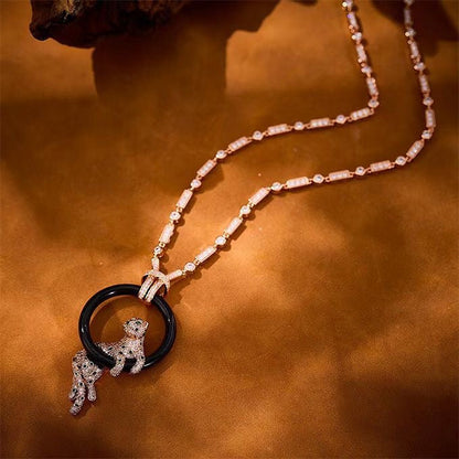 [Vintora jewelrys]NEW BLACK CIRCLE PANTHER FULL DIAMOND NECKLACE