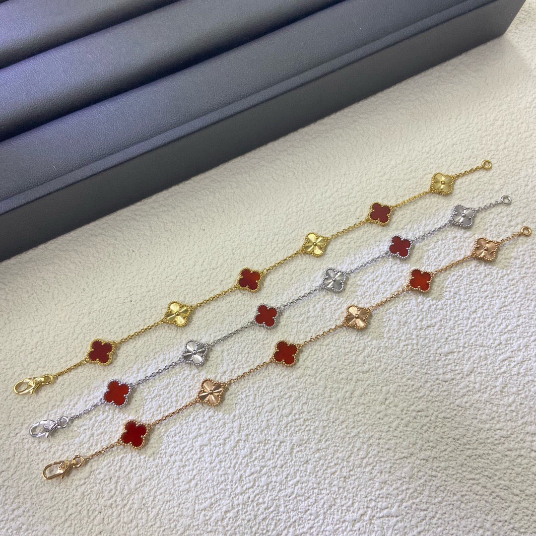 [Vintora]CLOVER 6 MOTIF RED AGATE LASER BRACELET-w