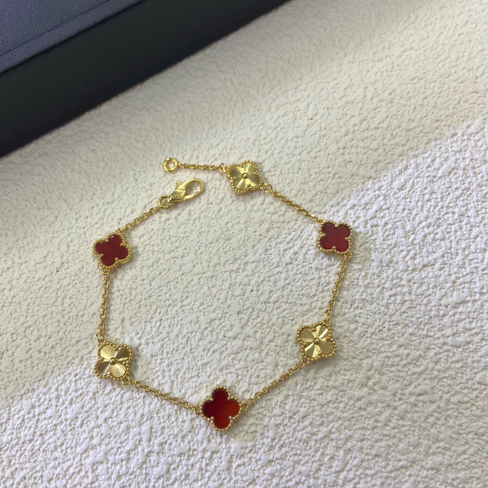 [Vintora]CLOVER 6 MOTIF RED AGATE LASER BRACELET-w