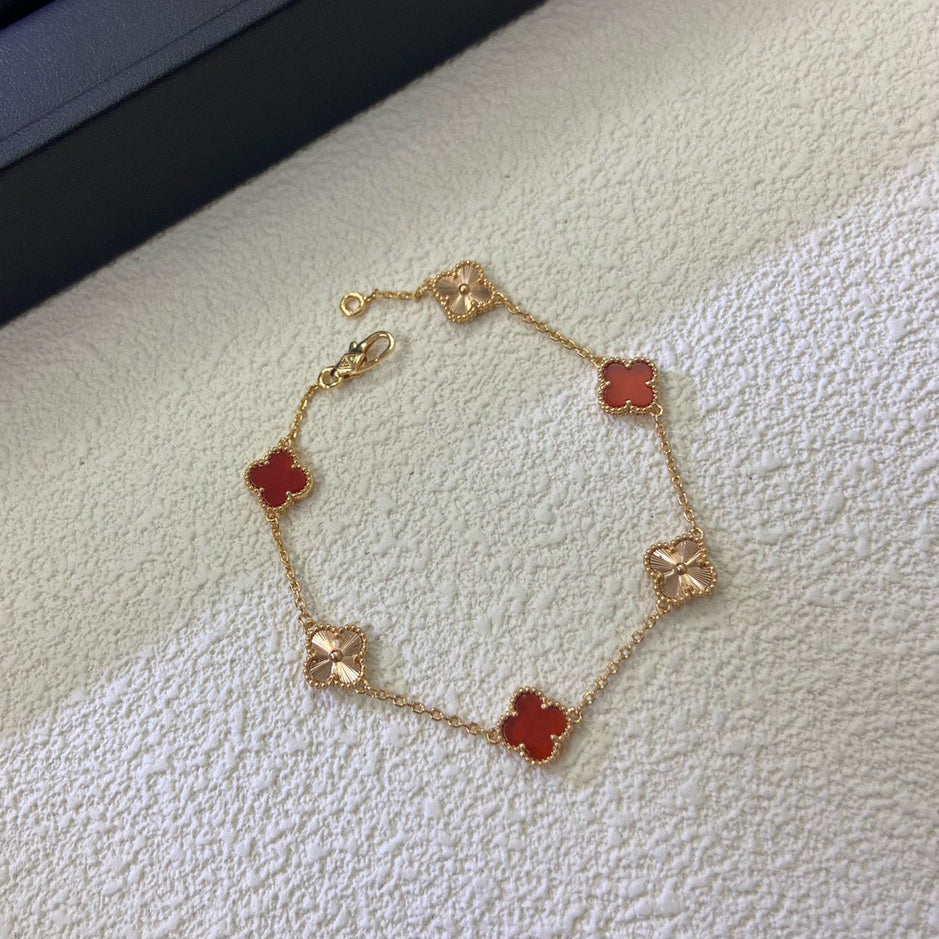 [Vintora]CLOVER 6 MOTIF RED AGATE LASER BRACELET-w