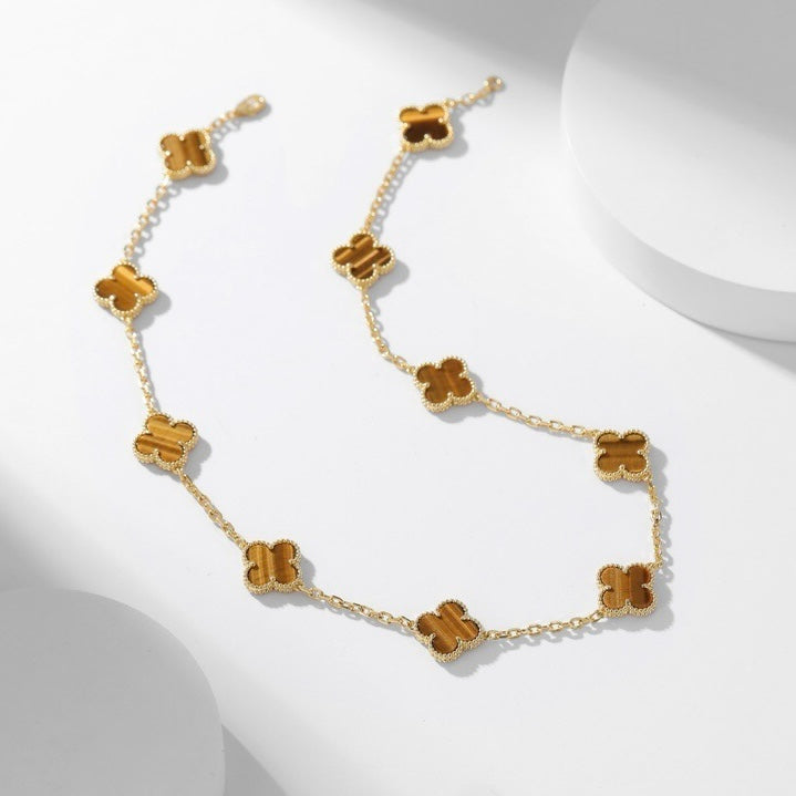 [Vintora]CLOVER 10 MOTIFS TIGER EYE NECKLACE