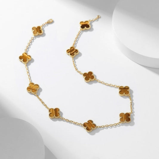 [Vintora]CLOVER 10 MOTIFS TIGER EYE NECKLACE