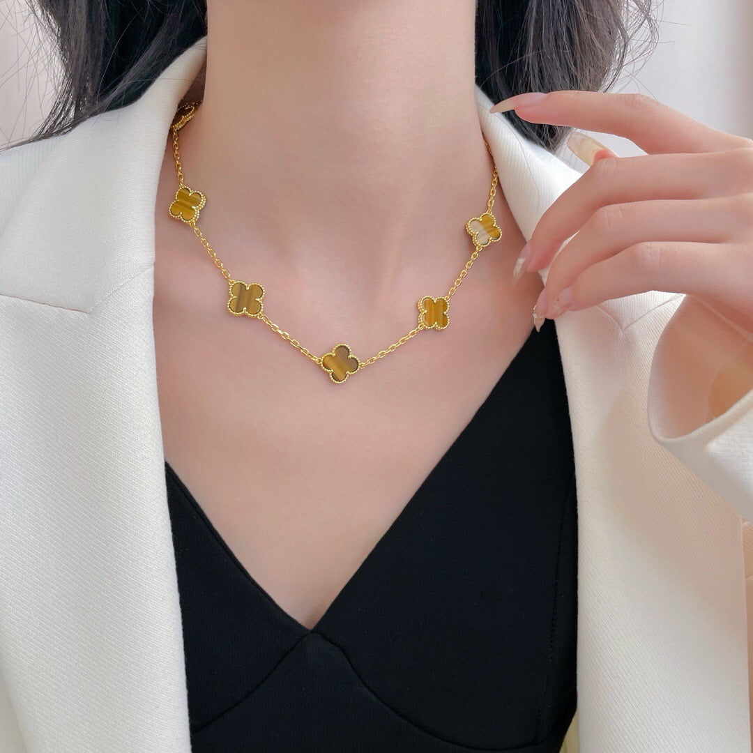 [Vintora]CLOVER 10 MOTIFS TIGER EYE NECKLACE